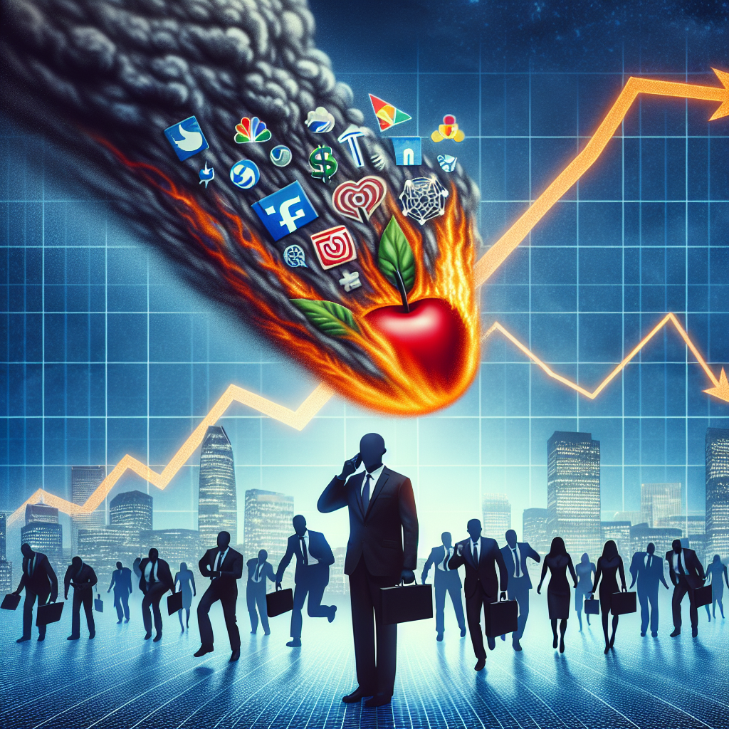 Depict a conceptual image illustrating the impact of mass layoffs in the tech industry. Show a symbolic representation of prominent tech companies, perhaps through representative symbols or logos, being hit by a storm, to signify the 'hard hit'. Add a background suggesting a business or economic downturn, such as a graph with a steep decline. Don't display any real people or celebrities. Remember, this is a figurative representation, not a literal one.