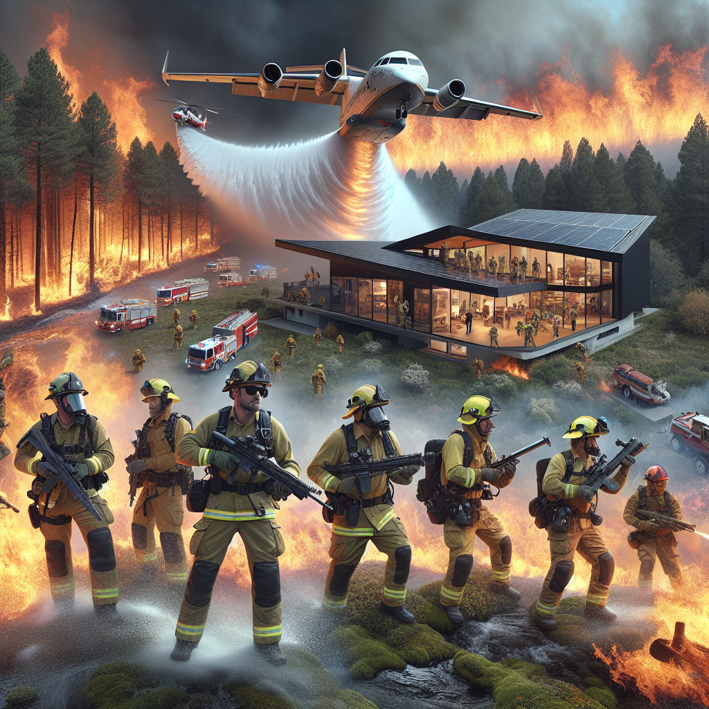 A dramatic scene unfolds where brave firefighters, men and women from various descents like Caucasian, Hispanic, and Black, are combating a fierce wildfire amidst an extreme heatwave. Their reliable gear protects them as the fierce flames lick the surroundings. Also visible is a high-tech firefighting air tanker that is swooping down to release a stunning cascade of water over the forest fire. At the edge of the scene, an innovatively designed community centre with solar panels and an advanced cooling system withstands the heat, an emblem of resilience and conscious design in the face of natural disaster.