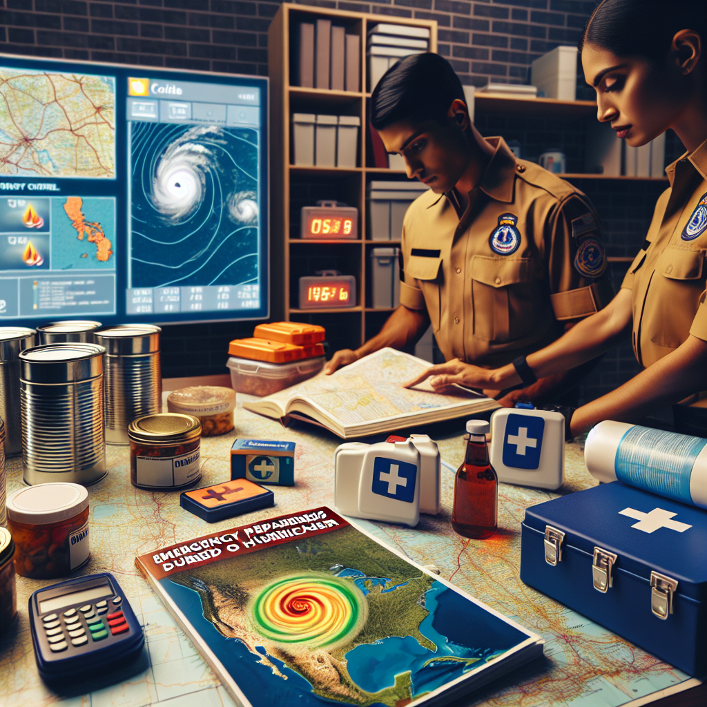 Visualize a scenario related to emergency preparedness during the hurricane season. A well-organized room showcases maps of coastal areas, shiny canisters of food supplies, stacks of bottled water, and first aid kits. An emergency preparedness guidebook focused on hurricanes is prominently displayed. Its cover features an image of a looming storm off the coast. Next to these items, a bright, digital weather alert system screen glowing with the latest hurricane forecasts and warnings. In the forefront are two people, a South Asian male and a Caucasian female, both in civil defense uniforms, deeply engrossed in planning and preparation.
