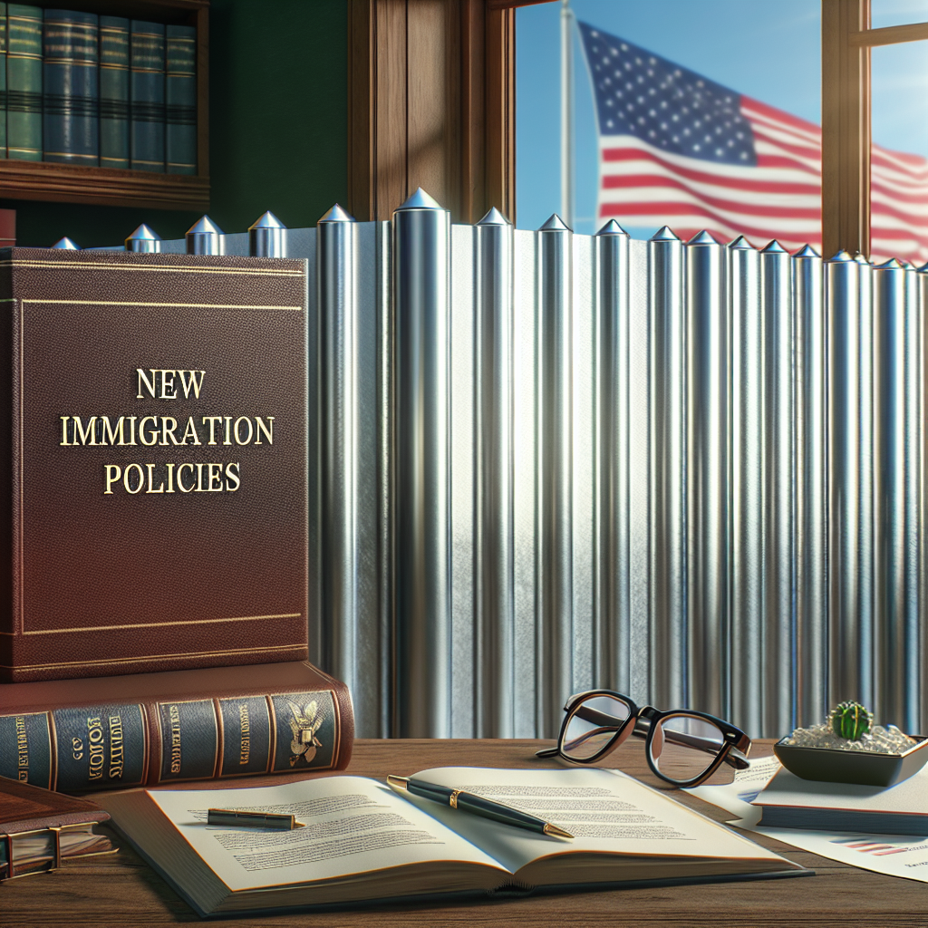 Create an image of a Visual metaphor for US Immigration Policy Changes focused on Enhanced Border Security. The image shows a thick book titled 'New Immigration Policies', sitting on a wooden table. Next to it, a powerful solid metallic wall indicating enhanced security. Also on the table, a pair of reading glasses and some notes on immigration law. Outside the window, the vibrant flag of the United States wavering proudly, representing optimism and a renewed approach to immigration. The entire scene has an informative and serious tone.