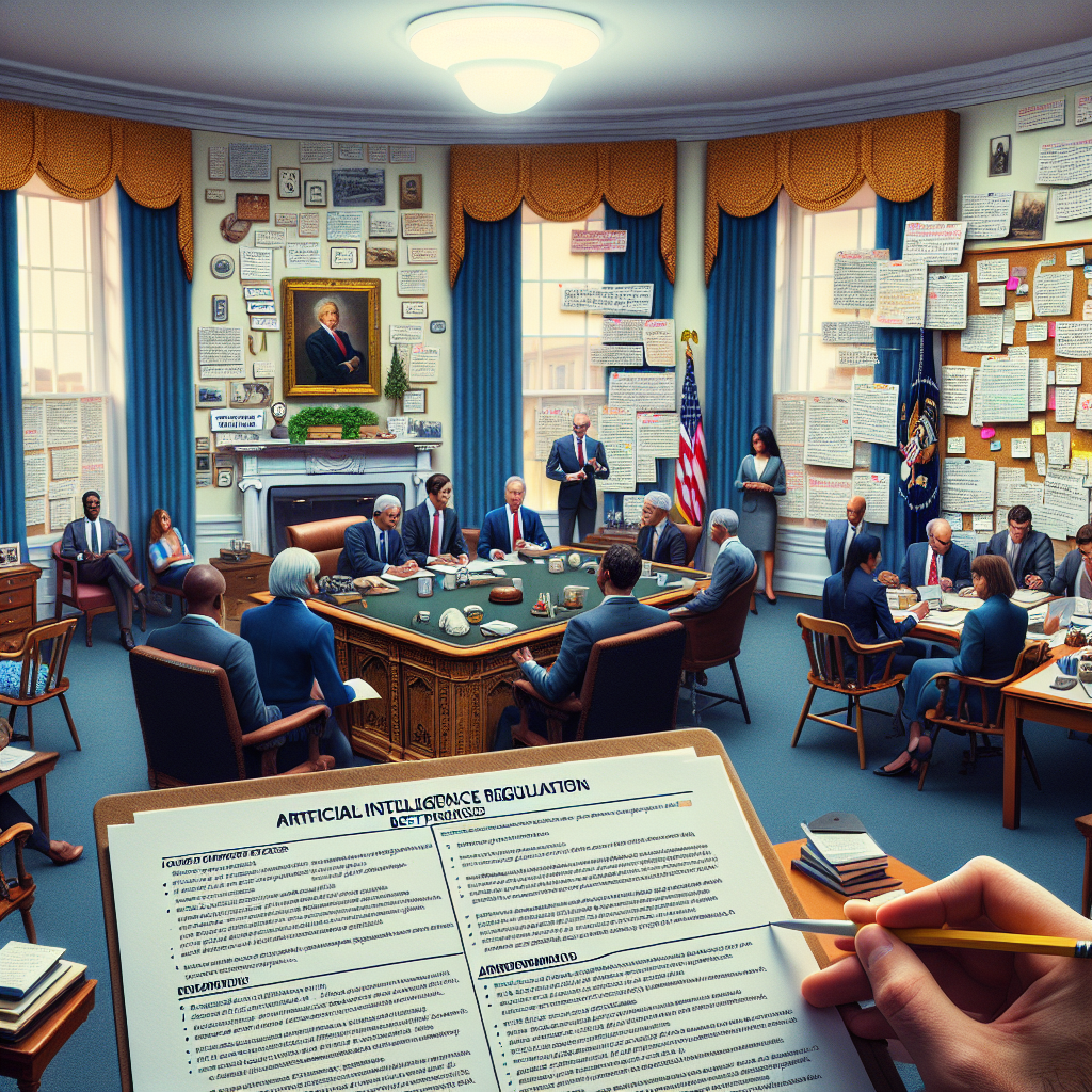 A vivid scene of a well-organized office within the White House. On the desk lies a document titled 'Artificial Intelligence Regulation: Best Practices', with important points highlighted and several remarks and amendments written on the side. The room filled with historic artifacts and intellectual ambiance. On the wall, a corkboard full of notes and ideas related to AI regulations. Around the room, a few diverse government workers deeply engaged in discussion concerning AI policy developments, showing equal representation from different genders and descents such as Hispanic, South Asian, and Caucasian. 