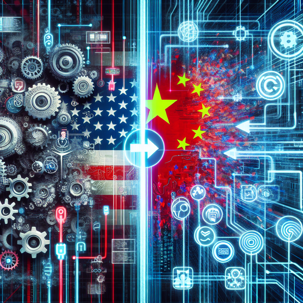 An abstract concept of the debate over the TikTok ban, illustrating the power dynamics in US-China tech relations. Focus on a split view: one side displaying digital icons representing US technology, such as gears, microchips, and networking symbols. On the other side, show representations of Chinese tech in the form of code, keyboards, and digital screens. Towards the center, show turbulence, perhaps swirling lines or fractured digital signals, indicating conflict. Avoid depictions of real people, politicians, or identifiable logos.