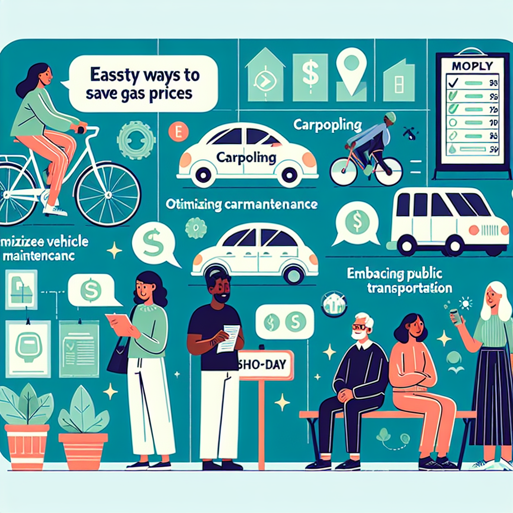 An illustration highlighting the different effortless ways by which an average individual can save on gas prices. Imagine an expansive chart with several easy to implement actions like carpooling, optimizing vehicle maintenance and embracing public transportation. A few people are shown in even distribution participating in these activities. Perhaps there is a Caucasian woman cycling to work, a Black man waiting at a public bus stop, a South Asian woman showing her carpooling schedule, and a Middle-Eastern man looking contentedly at his well-maintained vehicle. Try to showcase positivity, financial savviness, and environmental consciousness.