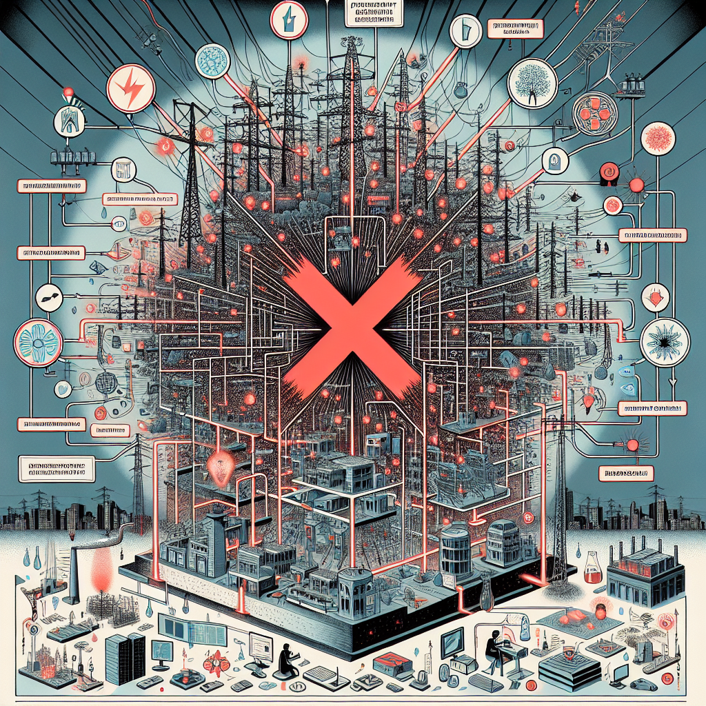 An intricate, vertically oriented visualization of a nation's electricity power grid with interconnected lines representing power stations, substations, and transmission lines. A large red X is superimposed over a critical junction, symbolizing a point of failure. Text bubbles containing prevention strategies such as 'Regular Maintenance', 'Grid Backup Systems', 'Investment in Infrastructure', and 'Adoption of Renewable Energy' are connected to various locations in the grid. At the bottom, there’s an urban landscape with buildings and people using electricity to depict daily life, with a Caucasian woman reading a book under a lamp and a Middle-Eastern man working on a computer.