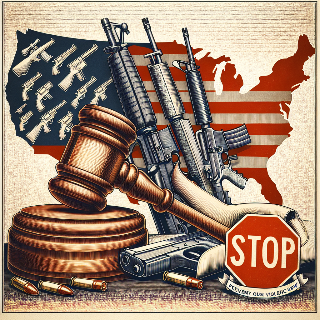 Illustration of a gavel (symbolic of legislation) situated next to a group of firearms, overlaid with noticeable red 'STOP' signs, set against the backdrop of the United States map. A scroll with the text 'Prevent Gun Violence Now' is unrolling across the bottom of the image. The overall tone should be respectful and somber, reflecting the serious nature of the topic.