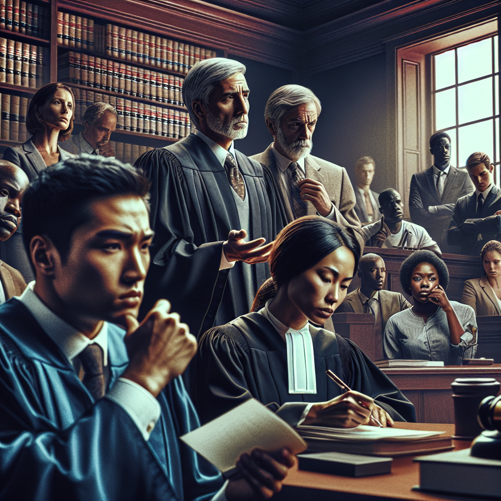 A striking image depicting a traditional courtroom scene with intense attention focused on a verdict being delivered. The room is filled with diverse personnel such as a middle-aged Caucasian male judge showing gravitas, a determined Hispanic female lawyer arguing her case, a thoughtful Black male juror deeply absorbed in the proceedings and a young Asian female court reporter diligently transcribing the proceedings. The room is steeped in tension, anticipation, and emotion, reflective of the gravity of high-profile criminal trials. Please note that no specific trial, verdict or persons should be depicted.