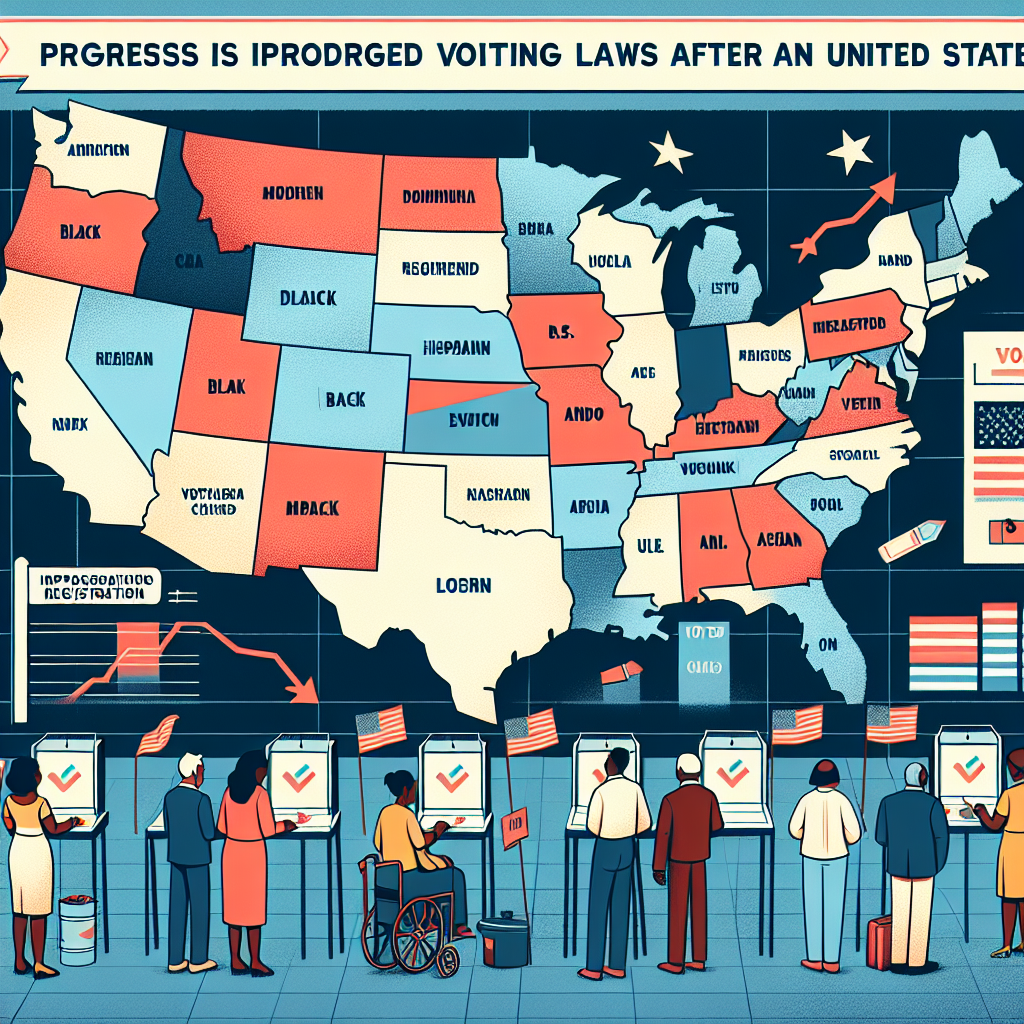 An illustration showcasing the progress in voting laws in the United States after a recent election. Display a map of the USA with states color-coded to indicate change; some states could be shown implementing aspects such as expanded early voting or more accessible registration. Add a bar chart or line graph to represent data. In the scene, include individuals of various descents like Caucasian, Black, Hispanic, Middle-Eastern, South Asian, each casting their votes at a voting station. Please ensure the atmosphere is of progress and positivity.
