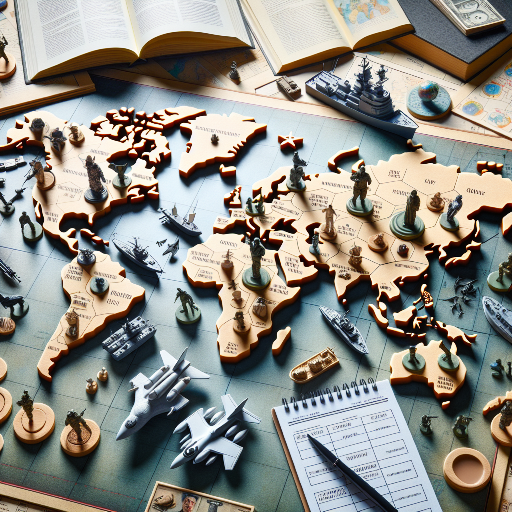 An intricate board game depiction demonstrating the concept of global security. The game board represents a stylized world map, laden with symbols or miniatures symbolizing the U.S Military and notable global landmarks. Pieces include miniature tanks, aircrafts, battleships, and personnel. Some pieces are being moved across the board, representing dynamic changes and strategic decisions. On the side, there's a notepad with strategy notes and flowcharts, as well as multiple open books on military strategy. Use neutral colors for the board, vibrant colors for notepad and pieces, and monochrome for the books.