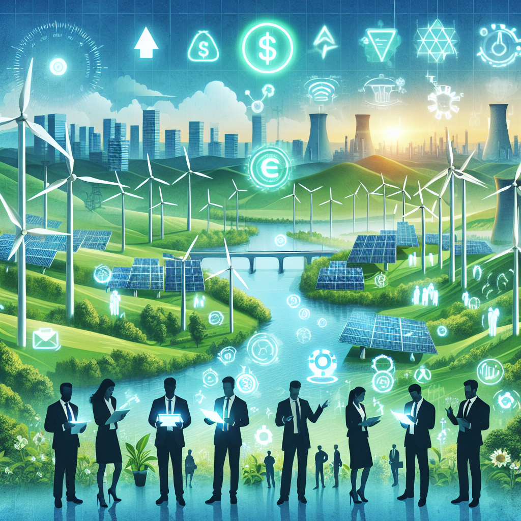 Illustrate an image of a pristine, green landscape with a prosperous city in the background. Include various clean energy sources such as wind turbines, solar panels, and hydroelectric dams. There should be few individuals of varied descents and genders, dressed as businessmen and environmental scientists, having a meeting in front, holding blueprints and digital tablets, appearing to be in a deep discussion about sustainable strategies. Glowing icons of currency signs, up arrows, and a stopwatch overlaying the image to symbolize investment, growth and urgency. Use an overall bright and hopeful color palette.