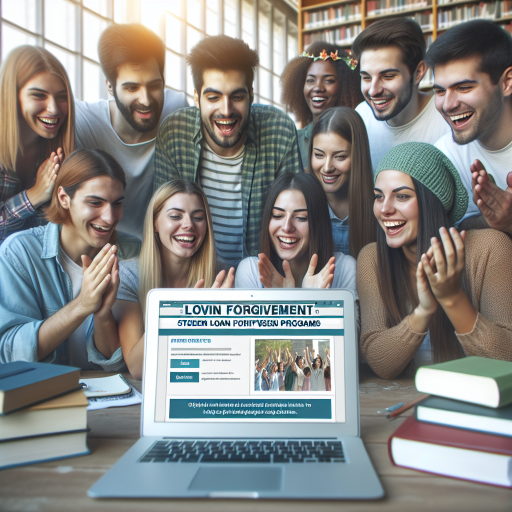 Create an image that portrays a diverse group of university students from various descents, such as Caucasian and Hispanic, all genders included, gathered around a laptop. They are researching information about loan forgiveness programs. On the laptop screen, there's a web page showing the recent updates to different student loan forgiveness programs. Use visual elements to suggest positivity and relief, for example, excitement and happiness on the students' faces. Also include university campus elements in the background.