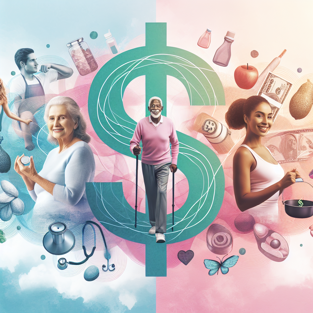Picture a senior Caucasian woman, a middle-aged Hispanic man, and a young Black woman all actively engaging in healthy activities, such as walking, cooking nutritious food, and performing yoga. In the background, there's a large stylized dollar sign fading into the bright sky, and intertwined within it, are symbols of medical care - a stethoscope, a medicine bottle etc. There's an overlay of text in bold, eye-catching font that reads, 'Medicare Changes: Effortless Ways to Reduce Healthcare Costs'. The colour scheme consists of soothing pastel shades to convey tranquility.