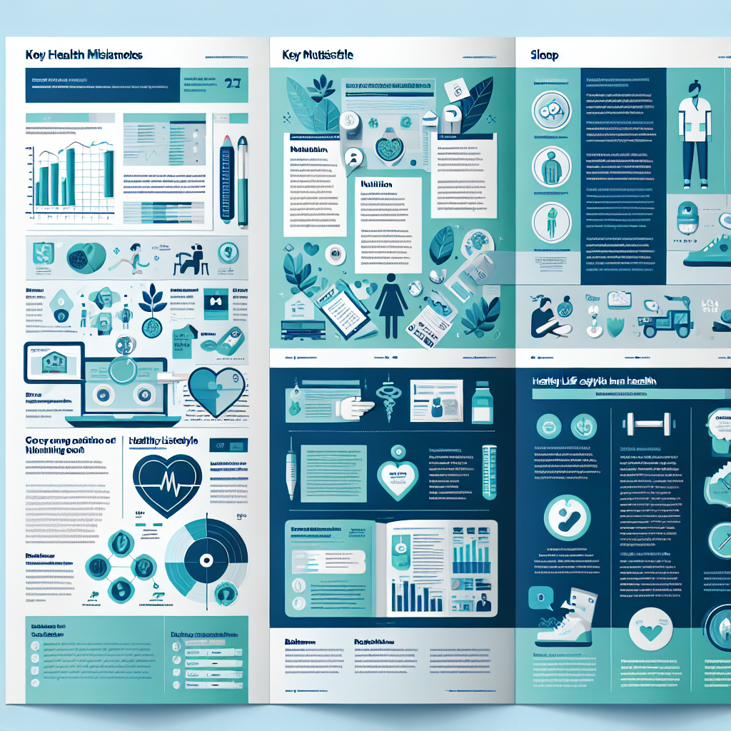 Illustration of a generic wellness report showing information about key health milestones, healthy lifestyle and nutrition tips. There are several pages lain out, each with sections highlighting the importance of good nutrition, exercise, sleep, and balance in maintaining good health. The pages contain various charts, graphs, and pictorial representations along with articles and blurbs written by healthcare professionals. The design style is professional, using cool blues and greens alongside medical-themed iconography.