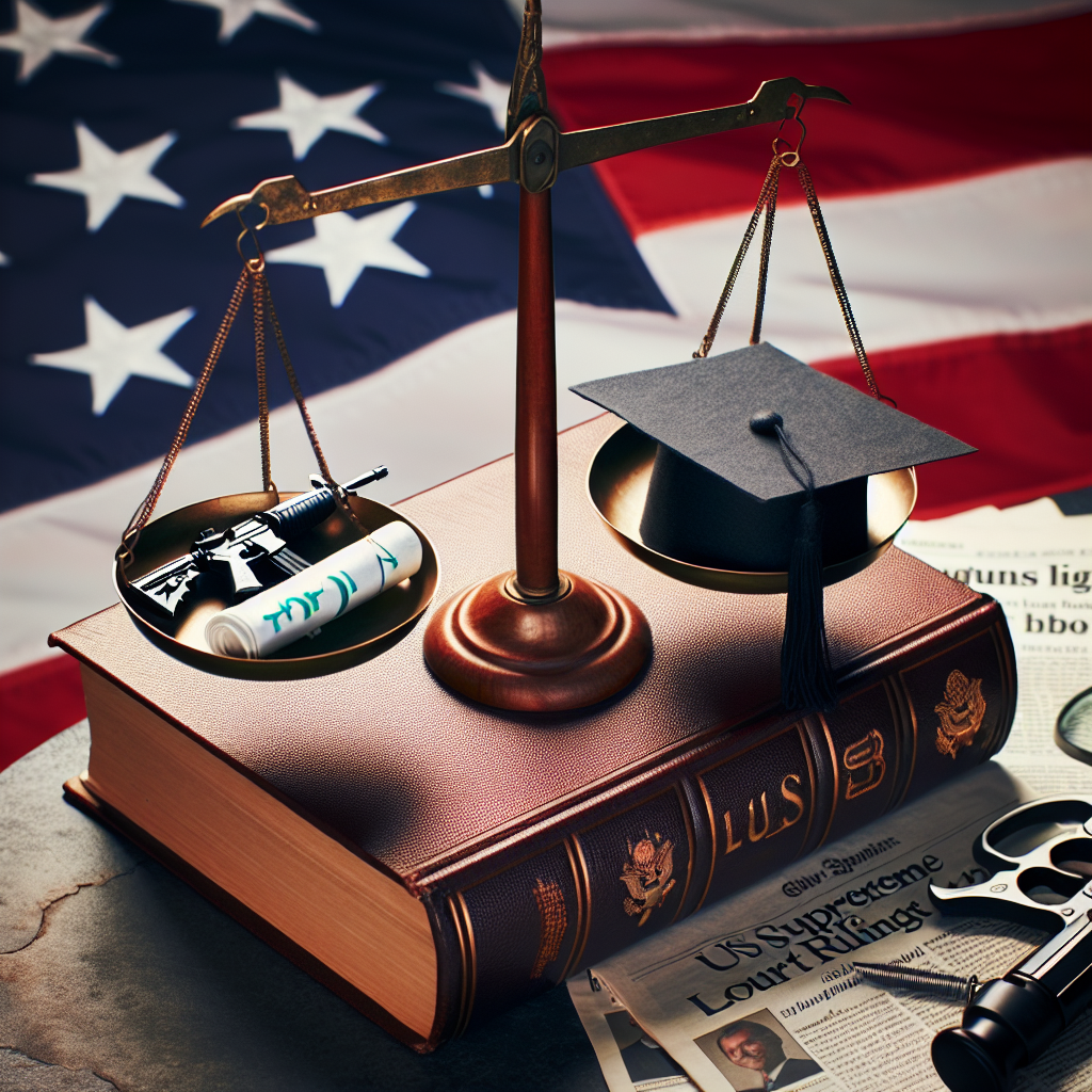An image of a balanced scale resting on a hardbound book symbolizing law and justice. Lying next to the book is a newspaper with the headline 'US Supreme Court Rulings'. On the left pan of the scale is a medical symbol for abortion, in the center is a firearm for gun laws and on the right pan is a graduation cap signifying student loans. The background is a blurred image of the American flag.