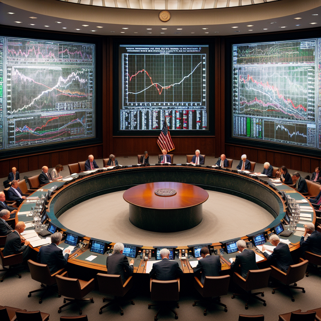 The Federal Reserve's boardroom with a vast circular table where economists of different descents and genders are engaged in an intense conversation. On the wall, a large screen displaying charts related to inflation rates and interest rates. Some are scrutinizing the charts while others are closely reading documents, emanating an aura of focus and dedication. A transparent glass board carries intricate mathematical calculations hinting at strategies for managing inflation. The room has a serious, tense atmosphere, highlighting the importance of the discussions taking place regarding the management of the economy's inflation risks.