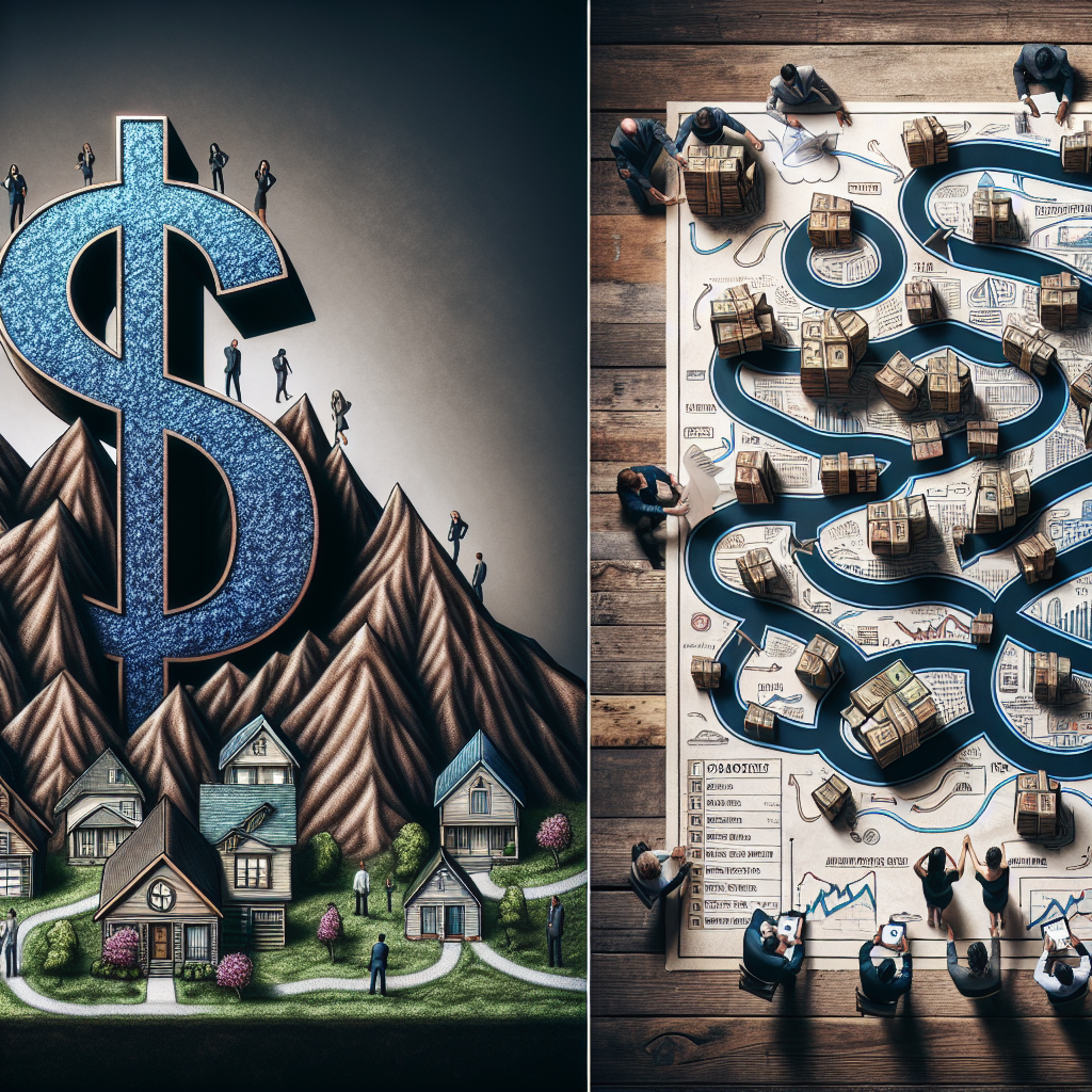 Visualize an intricate concept image that portrays the US housing market crisis, symbolized by a large, daunting, dollar-sign shaped mountain with jagged slopes, indicating rising mortgage rates. On another side, showcase homeowners of various descents such as Caucasian, Hispanic, Middle-Eastern, and South Asian genders equally represented, brainstorming together around a strategy map. The strategy map, laid out on an antique wooden table, is adorned with multiple winding pathways, road signs, and battle tactics symbolizing the 'must-have strategies' to tackle the rising rates.