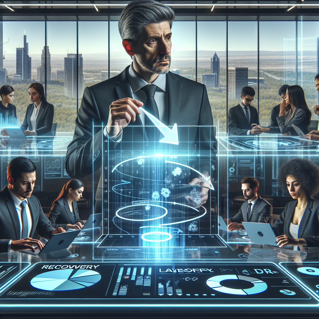A corporate landscape scene depicting a large, futuristic tech company with a Caucasian male CEO looking concerned as he navigates through a transparent holographic interface displaying the company's current status with falling graphs and pie charts showing employee layoffs. Simultaneously, a diverse team of recovery strategists, including a Black female engineer, Hispanic male data analyst, Middle-Eastern female HR specialist, and a South Asian male marketing expert, can be seen actively brainstorming on digital tablets and augmented reality dashboards, indicating possible strategies for recovery.