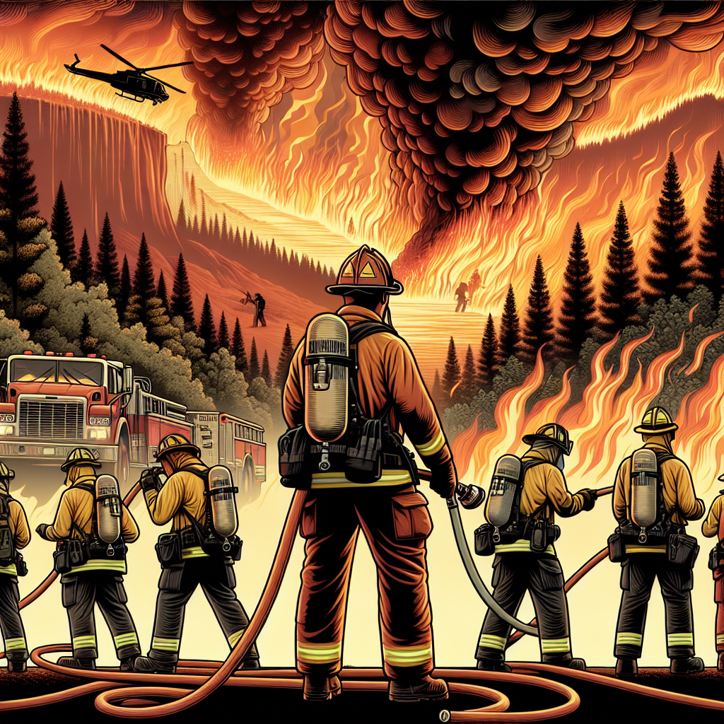 A detailed illustration is required depicting a situation of wildfire emergencies. In the foreground, strongly include a team of both male and female firefighters of various descents such as Caucasian, Hispanic and Black, actively combating a towering wildfire. Display them employing standard fire-fighting equipment including fire hoses and protective clothing. In the background, let the monstrous heatwaves emanate from the roaring forest fire, distorting the view of distant, silhouetted trees. Further in the background, lightly weave an orange and red sky choked with smoke and ash. Add a small text at the bottom: 'Best Tips to Combat Extreme Heatwaves'.