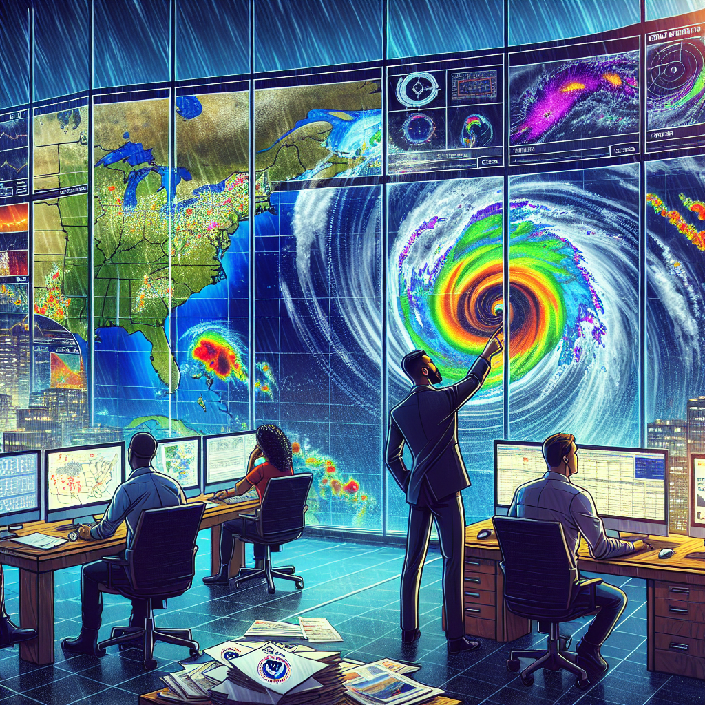 Illustrate a compelling and informative scene for an article on FEMA Hurricane Season Alerts. Include a vibrant radar screen displaying a massive hurricane off the coast. Nearby, a diligent meteorologist of South Asian descent observes, pointing towards the formation on the screen. Display sweeping winds and pouring rain outside the window to depict the severity of the hurricane. The room is bustling with activity, with other diverse meteorologists working at their stations, tracking the storm movements, and readying emergency response plans. Prints of the latest forecasts and updates are scattered around. Emphasize a sense of urgency and preparedness.