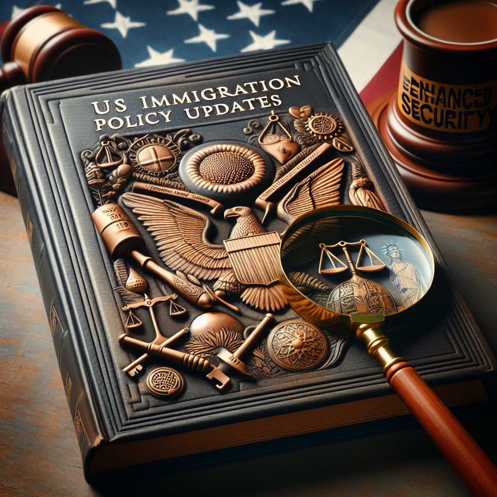 An open book lying on a desk with the title 'US Immigration Policy Updates' embossed on its cover. The book cover is richly decorated with symbols of law and security such as a gavel, a balance scale, locks, and keys. A magnifying glass is strategically placed over the pages, focusing on the word 'Enhanced Security', thereby signifying a deep exploration of the topic. In the background, a slightly blurred iconic American landmark suggests the setting. To the side, a coffee mug with the emblem of diversity signifying the intertwinement of immigration and diverse cultures.