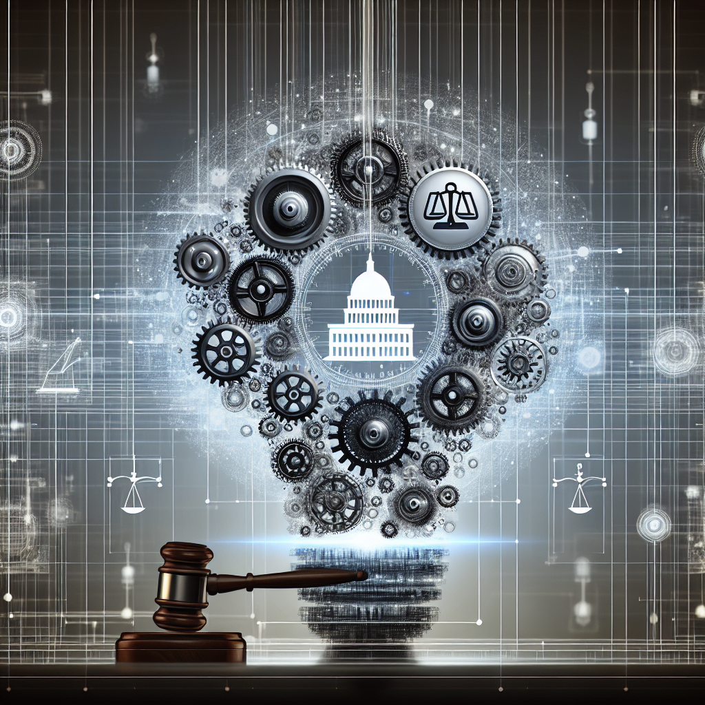 A visualization of the concept of Artificial Intelligence, represented through a complex network of interconnected gears and cogs, with symbols of policy and governance such as a gavel and scales of justice. The background consists of a subtle silhouette of a generic government building, intentionally designed to avoid any specific real-world structures. Please note, avoid any direct or indirect reference or representation of the White House or any other specific government buildings.