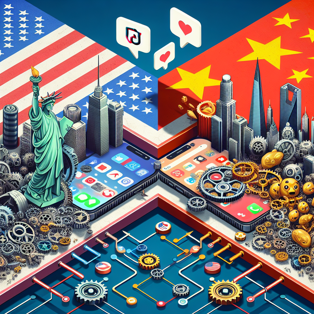 A conceptual image illustrating a virtual battleground filled with icons of gears and cogs symbolizing technology. On one side of the battleground, represent a stylized flag of the United States, embodied by common symbols like the Statue of Liberty, a bald eagle, and the Silicon Valley's tech skyscrapers. Opposite to it, portray the Chinese flag characterized by elements like the Great Wall, a dragon, and Beijing's tech district. In the middle, show a smartphone displaying the TikTok logo, surrounded by speech bubbles indicating a heated debate. Remember to maintain a neutral and respectful portrayal of both countries.