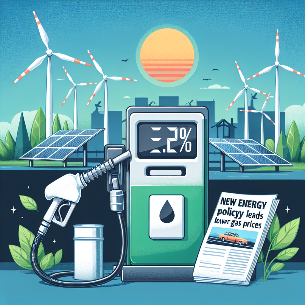 A picture showcase representing the dramatic drop in gas prices. It consists of a gas pump with the price display showing dramatically reduced numbers. There's a newspaper headline next to it, reading, 'New Energy Policy Shift Leads to Lower Gas Prices'. The background shows solar panels and wind turbines symbolizing sustainable energy policies, as well as an oil well being replaced with green trees.