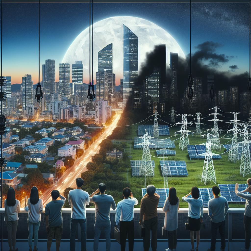 Create an image showing a sprawling cityscape during twilight with half of the city suddenly going black, representing a power grid failure. The city has varied architecture with skyscrapers, residential areas, and a few industrial complexes. Concerned citizens, from various DESCENTS and GENDER, look out from their windows, balconies, or streets. Visible in the background is a large power station with electrical poles interconnected by power lines, the heart of the city's power grid. Next to the city, show a green field with solar panels and wind turbines, symbolizing Alternative energy sources. Include a visible title saying 'Power Grid Failure Risks: Vital Precautions for Nationwide Resilience'.