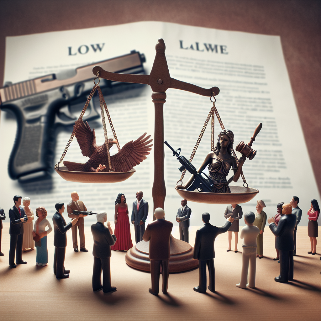 An image depicting a balanced scale, with one side holding a gun and the other side holding a gavel. Behind the scale, a blurred document signifies federal law and legislation. In the foreground, there is a diverse group of citizens made up of Caucasian, African, Asian, and Hispanic individuals, both men and women, engaging in a peaceful discussion. Finally, the whole setting is covered in a soft, warm light, indicating hope and progress.