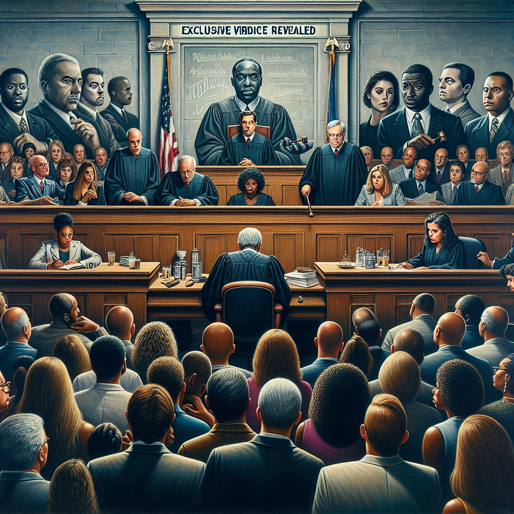 A genre scene from a courtroom: three judges of diverse descents, Caucasian, Black, and Hispanic sit at their bench, with gavels in their hands. In front of them, a diverse group of attorneys engaged in discussion. A large crowd watches, concern and curiosity on their faces. On the wall, there is a chalkboard with the words 'Exclusive Verdicts Revealed' written in large, emphatic letters. The imagery evokes an atmosphere of suspense and prestige, capturing the gravity of high-profile criminal trials in the United States.