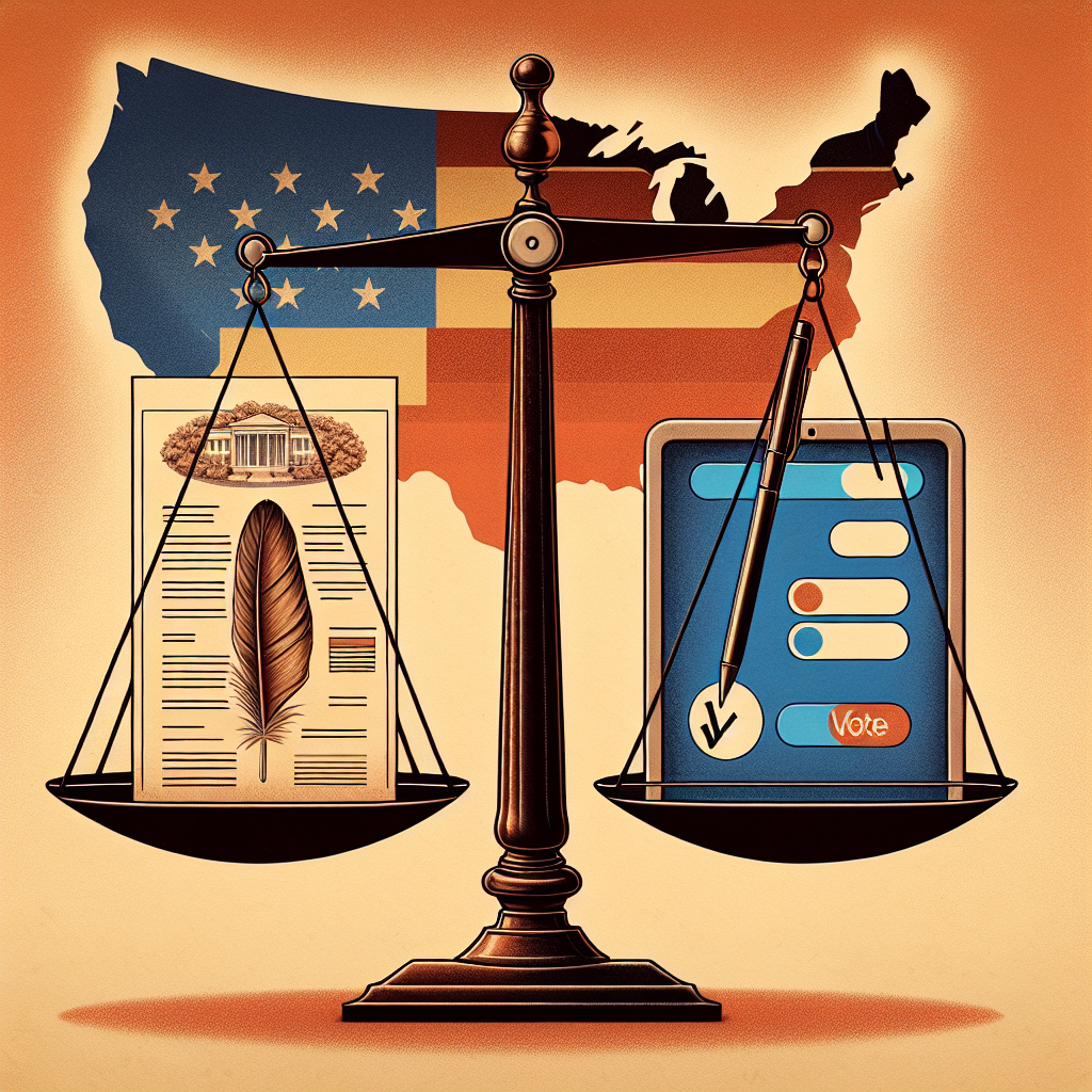 An illustrative representation of a scale balancing two ballots, symbolizing the changes in voting laws. One ballot showcasing the traditional paper process with a feather pen insignia, in warm sepia tones. The other demonstrating modern electronic voting with a touch panel stylus insignia in cool blues. The backdrop features a silhouette of the United States map, with varying degrees of colors reflecting the political spectrum. This image should convey the impact on the election aftermath due to the adjustment in voting laws.