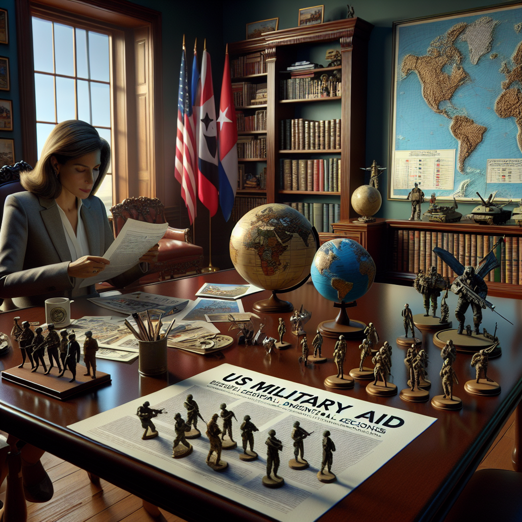 A detailed study room with a large wooden table. Positioned on it are multiple objects signifying global security: a model globe, tiny figurines representing military personnel, and charts showing military expenditure. The walls are adorned with an assemblage of international flags. On the side, a bookshelf filled with books about geopolitics and military strategies. In the foreground, a woman of Middle-Eastern descent in smart casual attire is deliberating over a document with a substantial title - 'US Military Aid: Essential Decisions'.