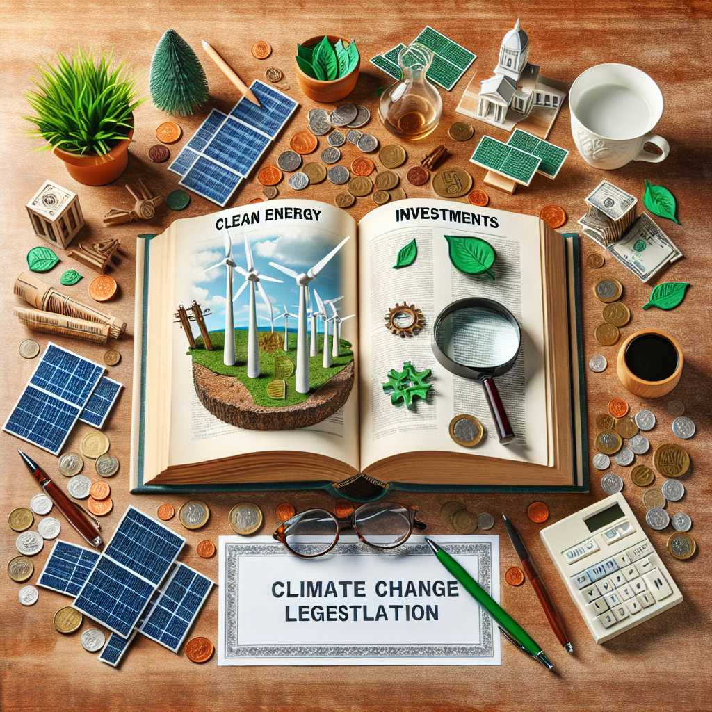 A flatlay scene of a wooden table topped with various elements associated with clean energy and climate change legislation. Centered in the scene is a huge, opened book titled 'Clean Energy Investments', its pages filled with graphs and diagrams. Scattered around are miniature wind turbines, solar panels, and green leaf symbols. Also present are legislative documents labeled 'Climate Change Legislation', a magnifying glass lying over them. A pair of glasses, coins (to symbolize investment), a cup of coffee, and a green pen round out the scene, suggesting a comprehensive study or work session on sustainable energy strategies.