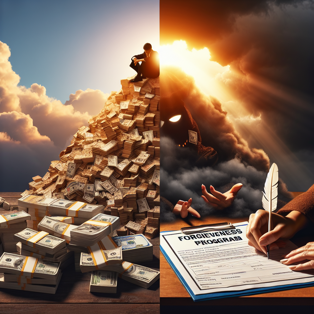 A balanced composition reflecting the concept of 'Student Loan Forgiveness Programs'. On one side, picture a mountain of student loan debt, represented by stacks of cash and towering piles of tuition books, owering ominously over an exhausted student of ambiguous gender and Asian descent. On the other side, show the effects of the forgiveness program as a sunlight of hope breaking through heavy clouds, casting a warm, golden light onto an application form titled 'Forgiveness Program', a pair of relaxed hands – belonging to a middle-aged, Caucasian woman – just finished signing it with a feather quill.