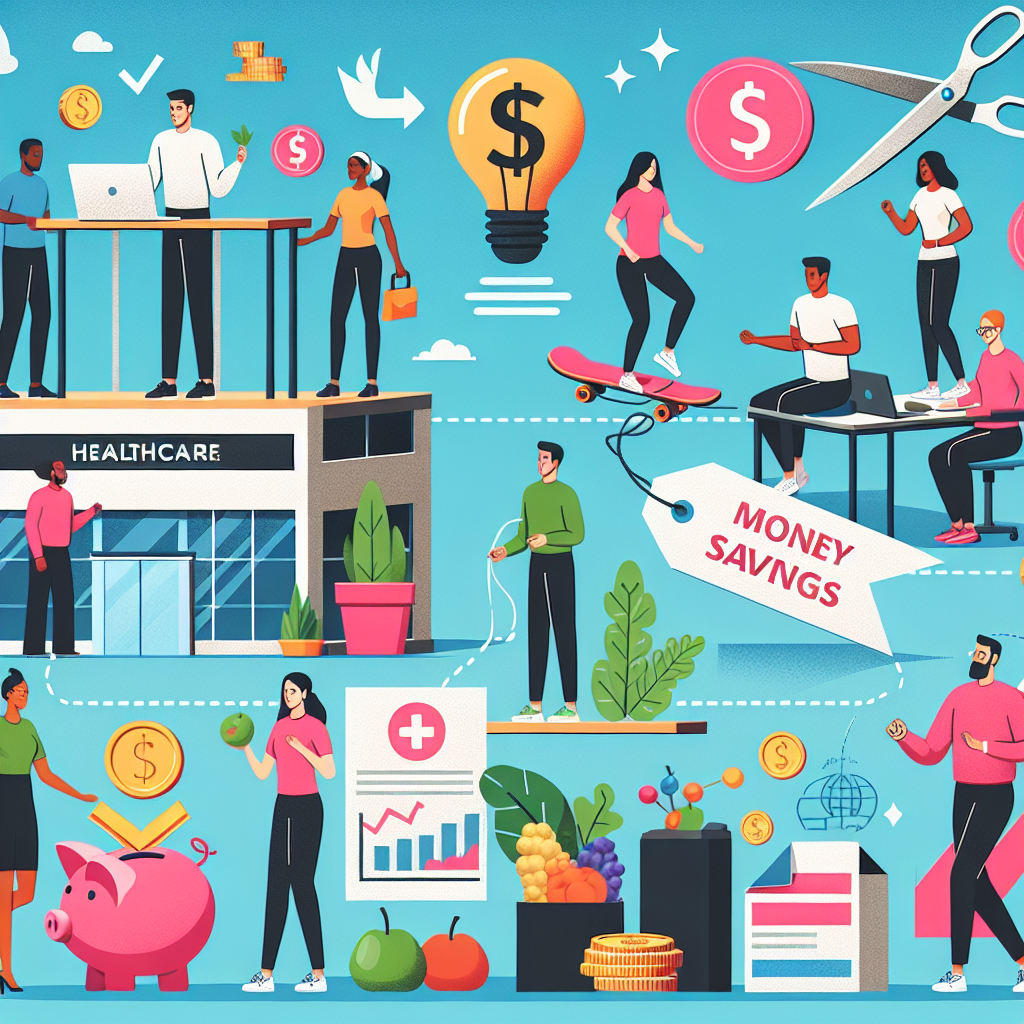 An illustration of a cost effective healthcare strategy. Display a scene where a multi-racial group of people (including Caucasian, Hispanic, Black, Middle-Eastern, South Asian individuals) engage in healthy activities such as exercising, using a standing desk, drinking water, eating fresh fruits, and meditating. Feature in the background symbols of slashed prices, a healthcare facility, and an insurance policy being cut with a scissor. Signify money savings, with piggy bank and coins, suggesting positive financial outcome. Make sure elements are clearly differentiated for the viewer to understand key messages.