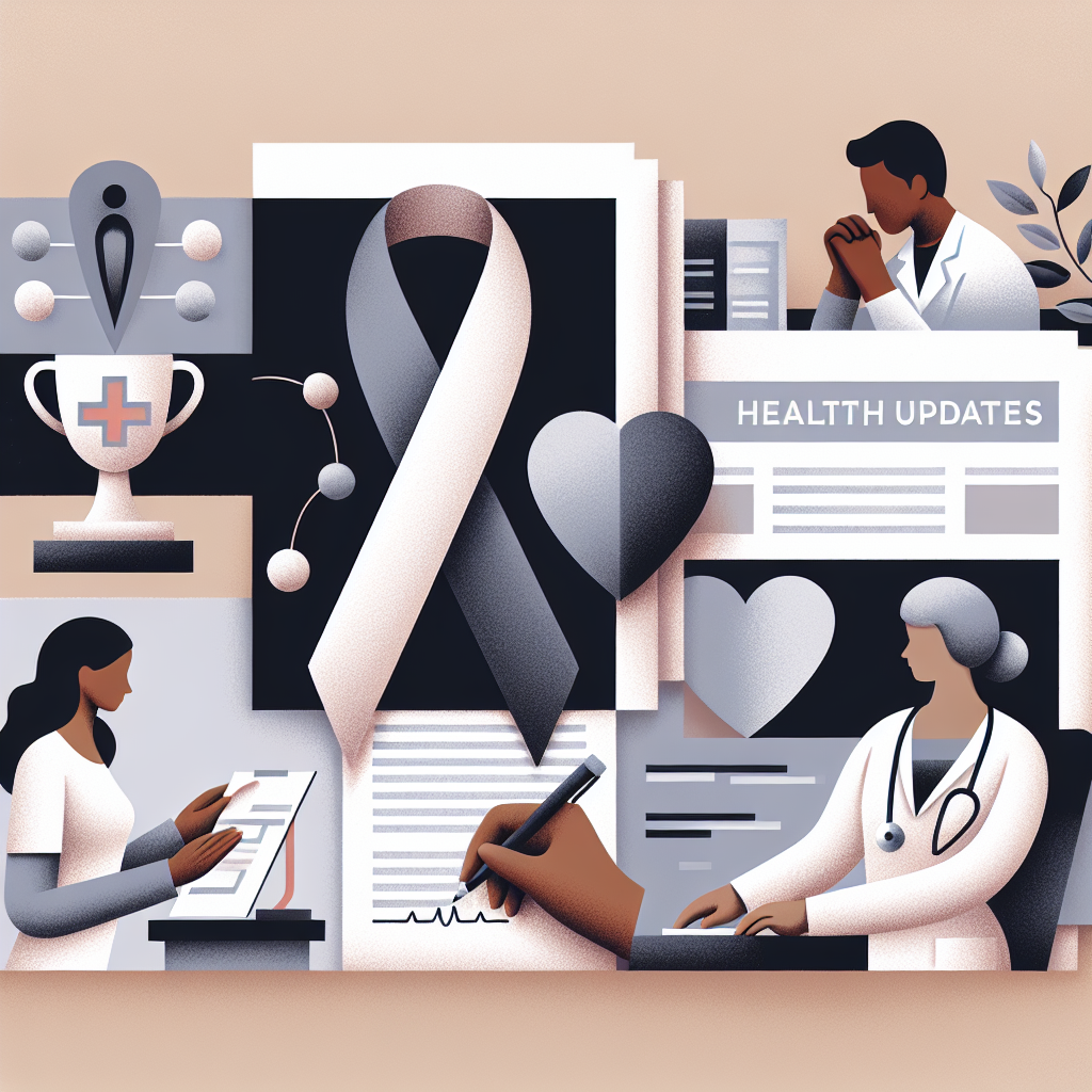 Create an image of diverse elements associated with health updates, celebrity milestones and sensitive topics. Depict an abstract health symbol, a trophy for representing milestones, a grey ribbon for symbolizing mourning, and a stack of newsletters to represent updates. For human interactions, visualize an Asian female doctor examining a medical report, and an African male journalist writing notes in the background. Remember to convey a sense of care, empathy, and seriousness. Use soft colors to evoke a serious and respectful tone.