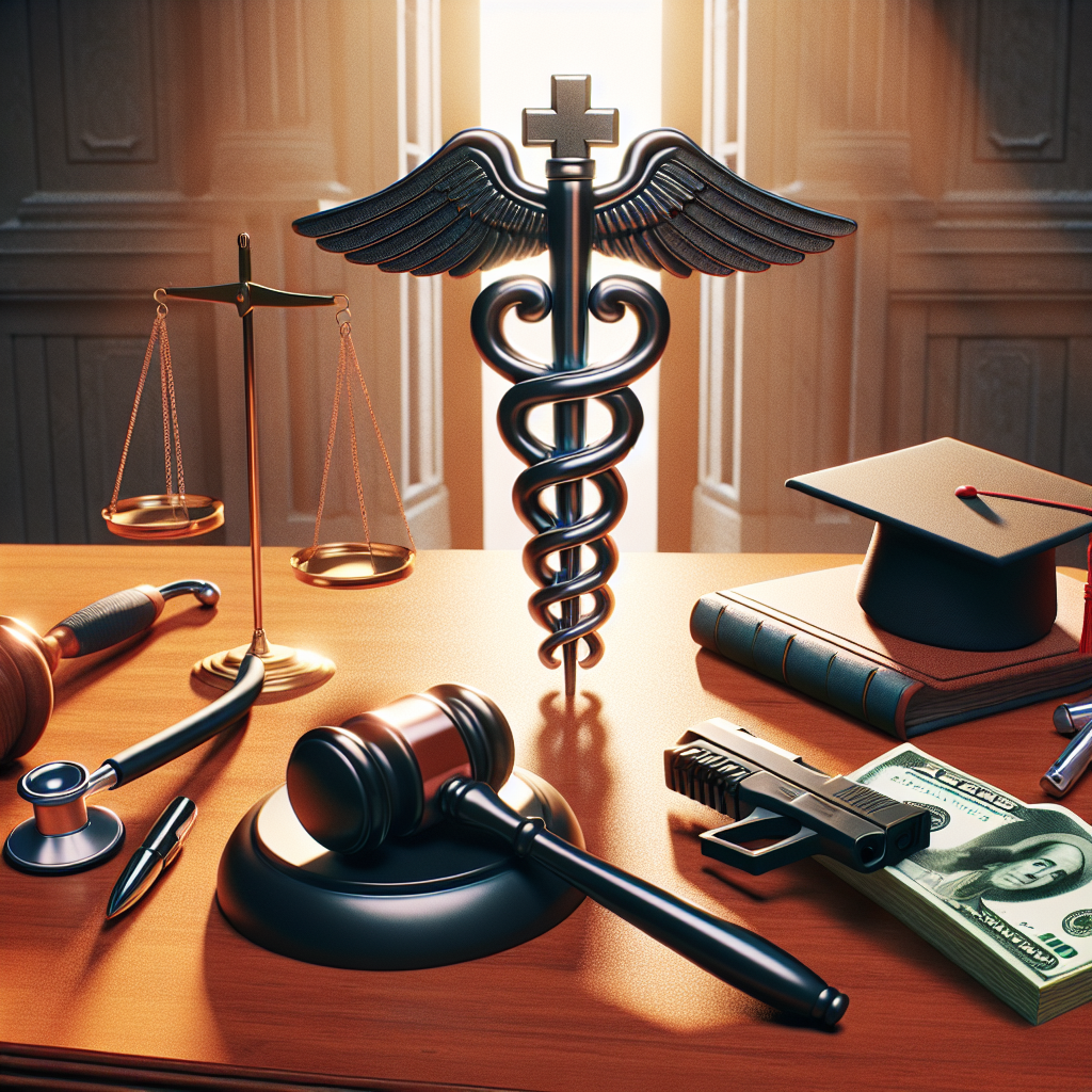 Illustration of multiple symbols representing hot topic issues in the United States: a symbol for medical procedure to illustrate the topic of abortion, like a stethoscope and a medical cross, a gavel to represent the law or court decisions, a firearm for gun laws, and a graduation cap next to a stack of dollar bills to illustrate student loans. All items should be placed on a wooden desk, bathed in the morning sunlight streaming through an ornate window to present a feeling of gravitas and contemplation.
