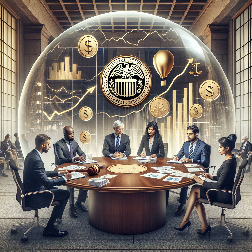 Create a detailed and informative image of a group of financial experts, consisting of a Caucasian man, a Black woman, a Hispanic man, and a South Asian woman, sitting around a round table filled with document stacks, charts, graphs, and economic indicators. They are discussing and analysing interest rate decisions under the emblem of a large golden symbol of the Federal Reserve on the wall behind them. Include a giant transparent bubble showing the concept of inflation rising above their heads, with elements such as a balloon, an hourglass, and a gavel inside. The atmosphere is serious and intense.