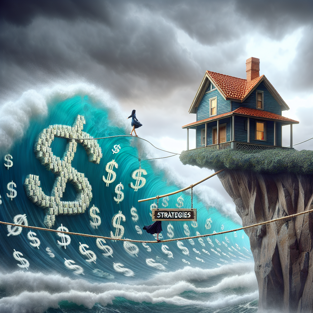 A symbolic representation of the US housing market crisis: a big wave of rising mortgage rates threatening a small wooden house, located on a rocky cliff. The wave is filled with dollar signs, and the house is delicately perched on the edge of the cliff. A tightrope walker, who is an Asian woman representing a homeowner, is trying to navigate over this tumultuous scene, balancing on a highwire with a pole that has a banner reading 'strategies'. The sky overhead is stormy and ominous, indicating the risky financial climate.