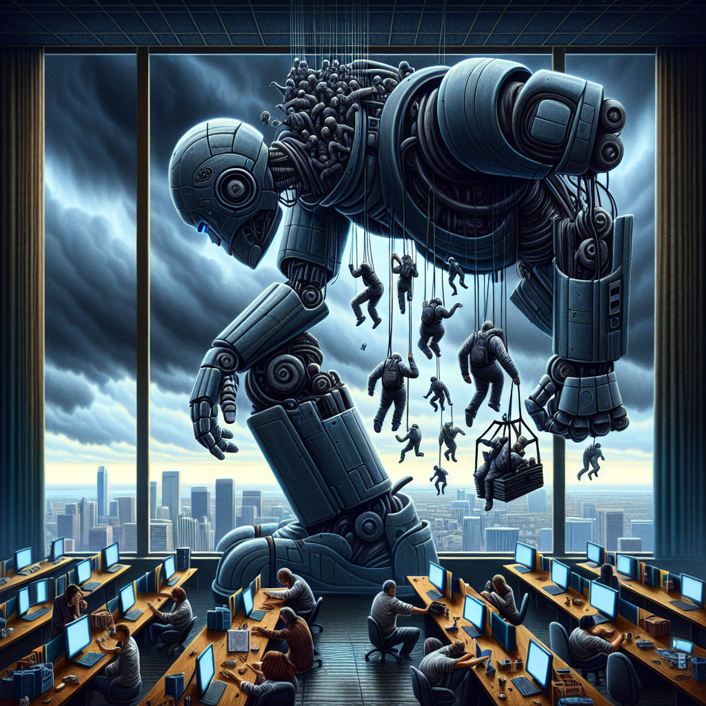A striking visual allegory of the tech industry under stress, symbolized by giant, robotic figures under an ominous, stormy sky. The robots lean heavily on one another, appearing weary. One robot, symbolizing a tech giant, has clusters of smaller figures sliding off its massive shoulders, signifying layoffs. They descend into safety nets held by diverse groups of helping professionals, indicating resources for displaced workers. Others are parachuting to the ground, landing at desks scattered with tools of new vocational options. In the background, a dishearteningly empty office with rows of vacant desks, while outside the window, US cityscape stretches into the distance.