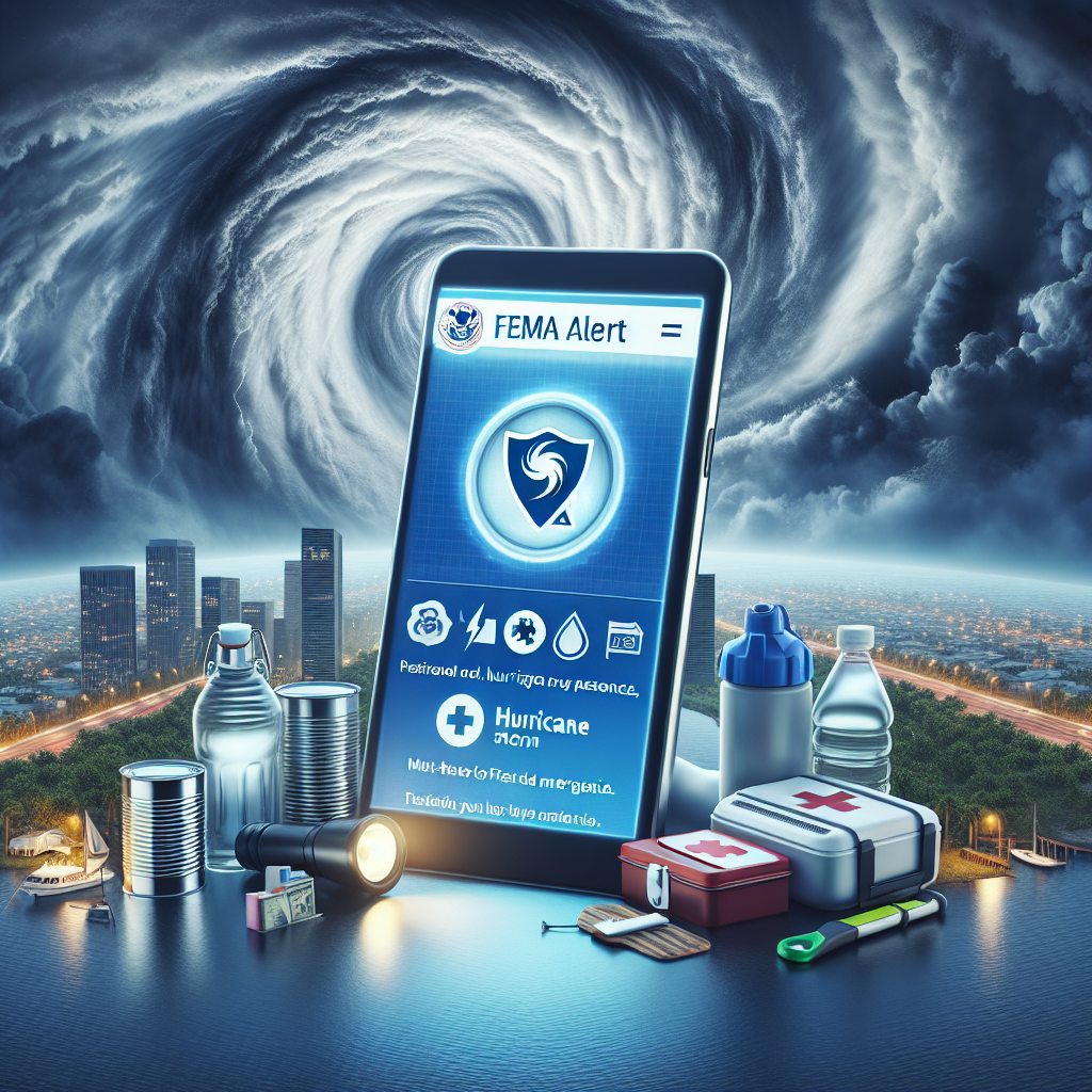 Visualize an image that represents the concept of emergency preparedness for hurricane season. This includes elements such as a hurricane symbol appearing on a digital device screen, showing a FEMA alert notification. Next to the device, there is a list of must-have items for emergencies like a flashlight, water bottles, food cans, and a first-aid kit. In the background, there is a large hurricane storm approaching a coastal city with dark, swirling clouds.