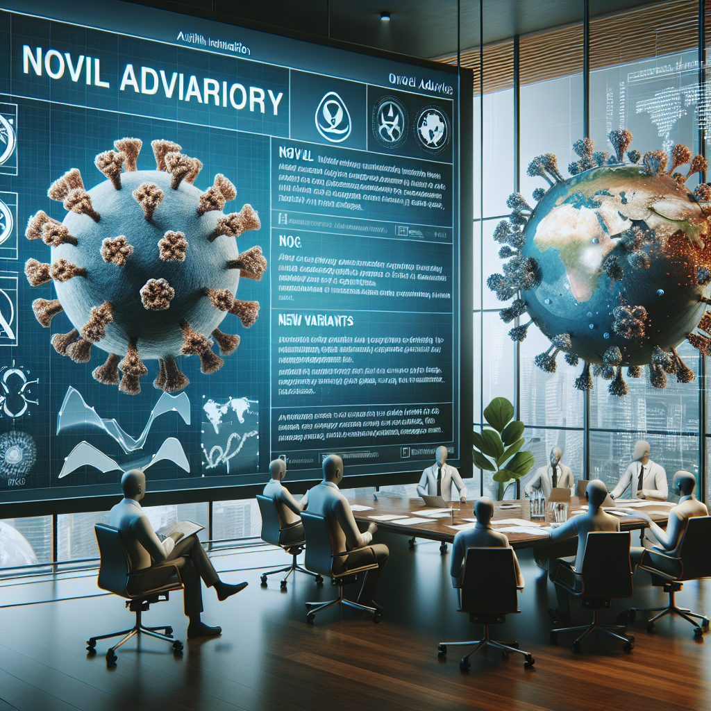 An authoritative health institution issuing an important advisory notice about novel virus variants. The scene includes a detailed image of the advisory, featuring scientific symbols. A 3D model of the virus is also shown, with a focus on the mutated areas, signifying the new variants. The setting is a modern office environment, with a mixture of male and female health professionals of various descents, such as Caucasian, African, Hispanic, and Asian, actively discussing the implications of the new findings. The overall atmosphere is serious and formal, conveying the critical nature of the situation. There is a world map in the background, indicating the global impact of the situation.