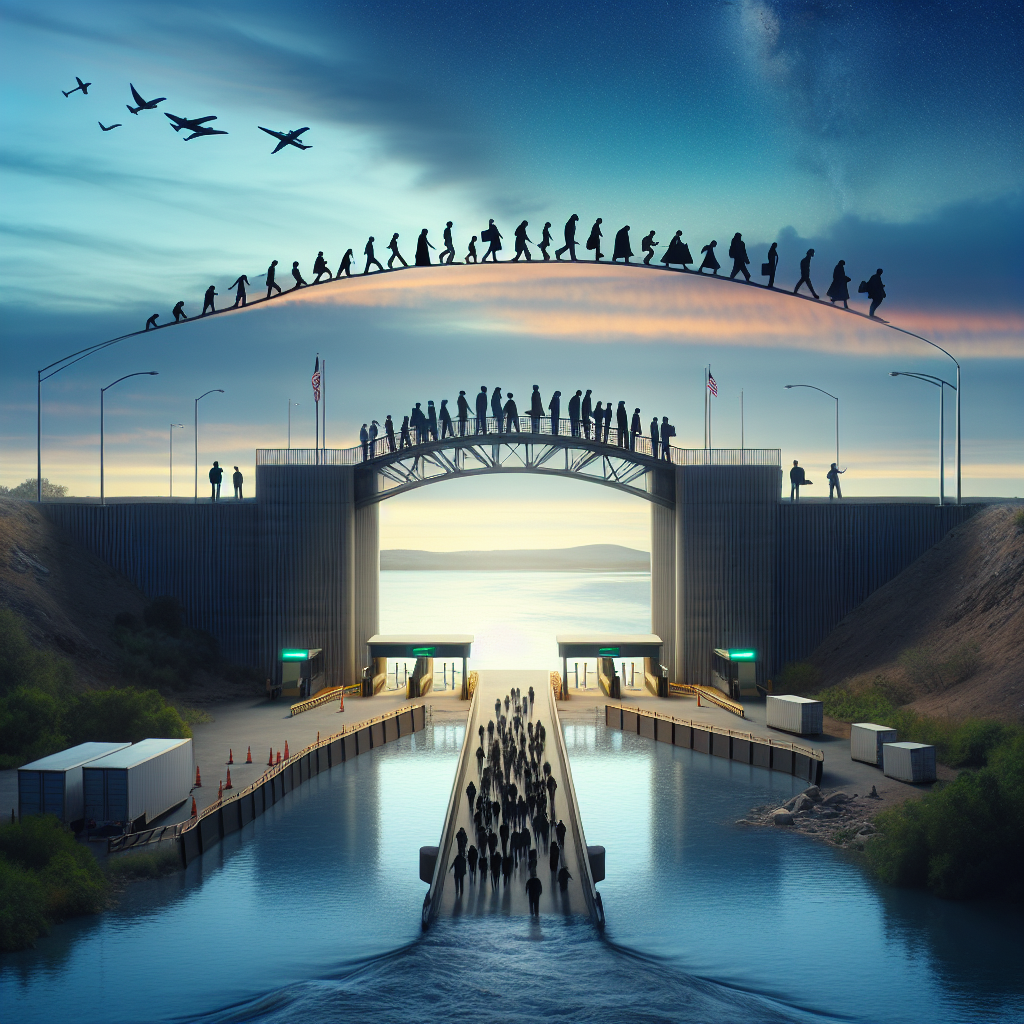 A conceptual image symbolizing changes in US immigration policy, featuring a bridge crossing a wide river, hinting at the concept of connection and passage. On one end of the bridge, there's a silhouette of a multi-ethnic group of people, signifying immigrants from different descents such as Caucasian, Hispanic, Black, Middle-Eastern, and South Asian. On the other end, there's a large gateway with a security checkpoint, representing strict border security. The sky above displays a transitioning sunrise, symbolizing the concept of change and a new day. The image composition should be balanced, and the color palette should evoke a sense of both hope and seriousness.