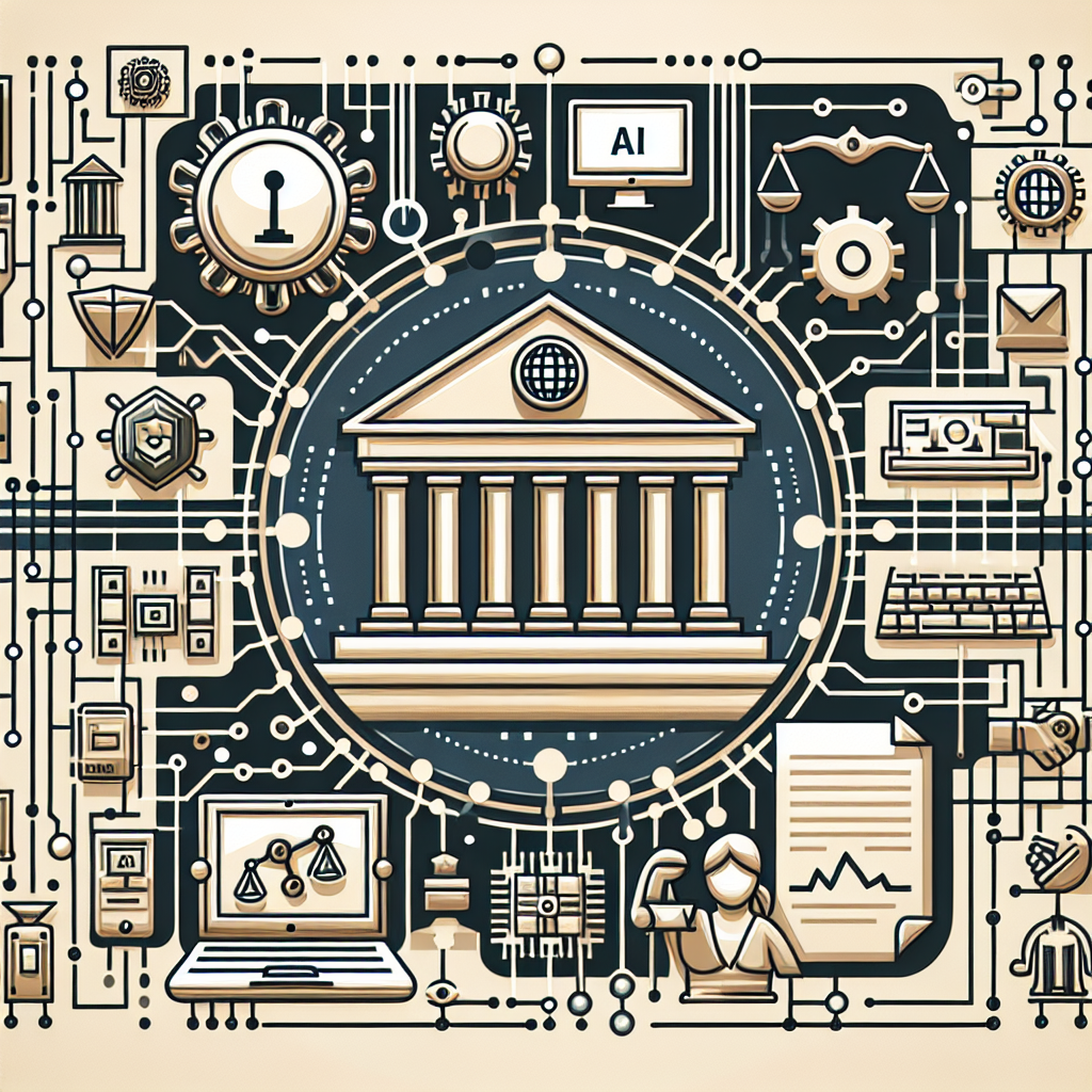 Illustrate an image detailing the concept of AI regulation. Show symbols of technology, like microchips and computer networks intersecting with symbols of regulatory measures, like scales of justice or official document. Include a representation of a generic government building, promoting idea of policy making. Remember to avoid direct depiction of any public figures or specific governmental buildings.