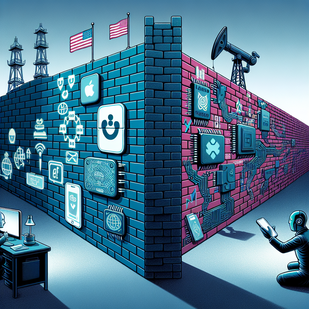 A conceptual image featuring a towering wall signifying tension, with each brick inscribed with various tech-related icons such as mobile apps, internet symbols, microchips, and more. On one side of the wall, depict a symbolic representation of the United States as a tech geek holding a smartphone. On the other side, portray China as a tech innovator, operating a robotic arm. This representation captures the essence of the US-China tech tensions, highlighting the TikTok ban debate. Colors are predominantly stark and bold, portraying the intensity of the issue.