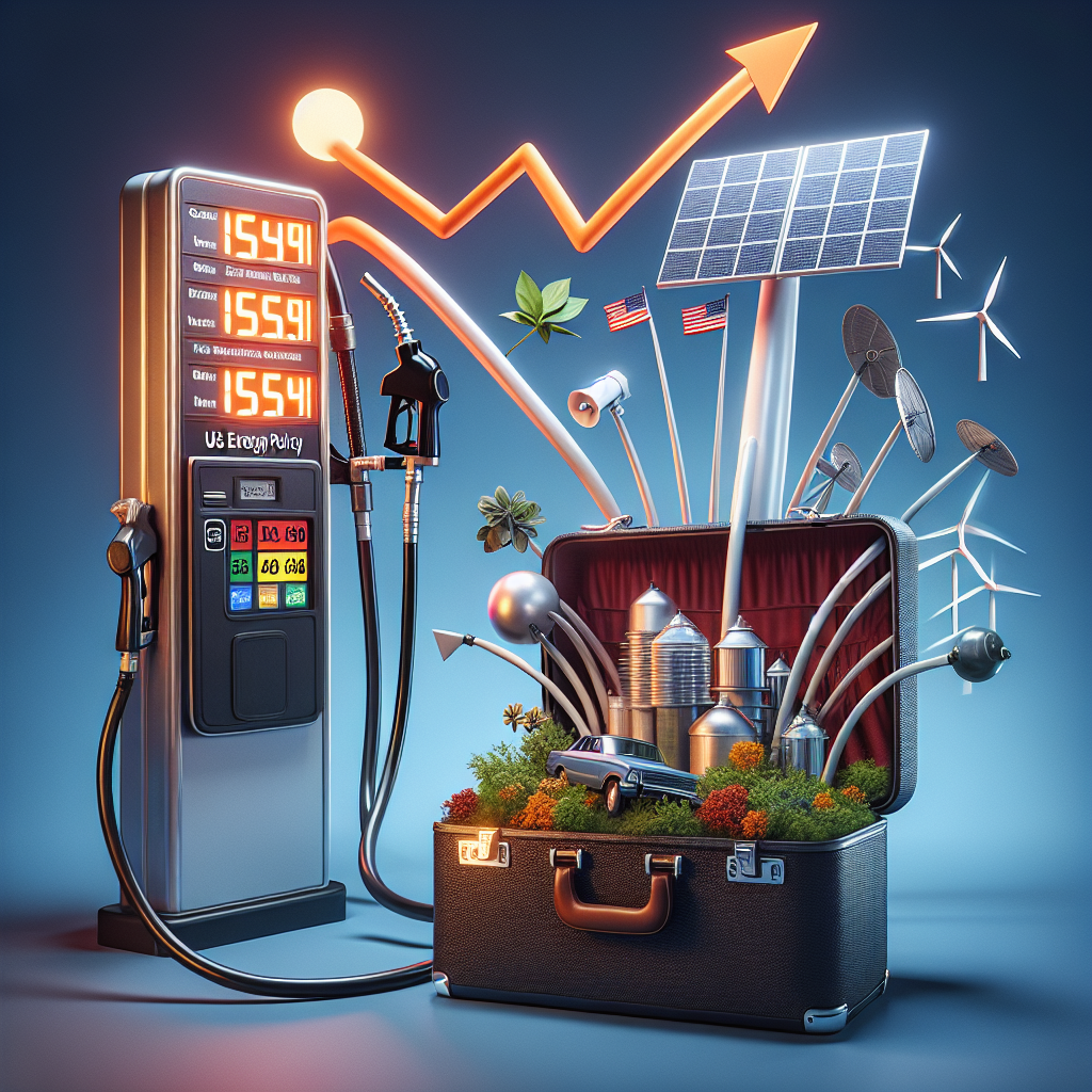 A conceptual representation of the surge in gas prices in the United States due to recent changes in energy policy. Display a large gas pump with an attached price display where the numbers are rapidly spinning upwards. Next to it, a briefcase labeled 'US Energy Policy' is opened to reveal symbols of various renewable energy sources such as solar panels, wind turbines, and hydroelectric dams. They are emerging out of the briefcase like a wave, symbolizing a shift in policy. Capture the feeling of turmoil and urgency in the image.