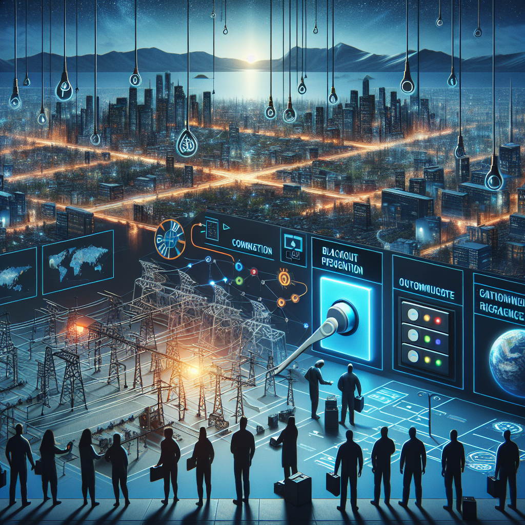 An educational scenery illustrating the concept of grid failure risks and proactive measures against nationwide blackout. In the foreground, network of interconnected power lines and nodes, showing some areas in darkness while others are lit. Meanwhile, a team of diverse energy engineers of both genders and various descents - Caucasian, Hispanic, Black, Middle-Eastern, and South Asian, are seen working on a giant switch labeled 'Blackout Prevention'. An interactive display with charts and graphs indicating power flow and outage areas is also noticeable. In the background, a vast cityscape transitioning from complete darkness to partial illumination is visible.