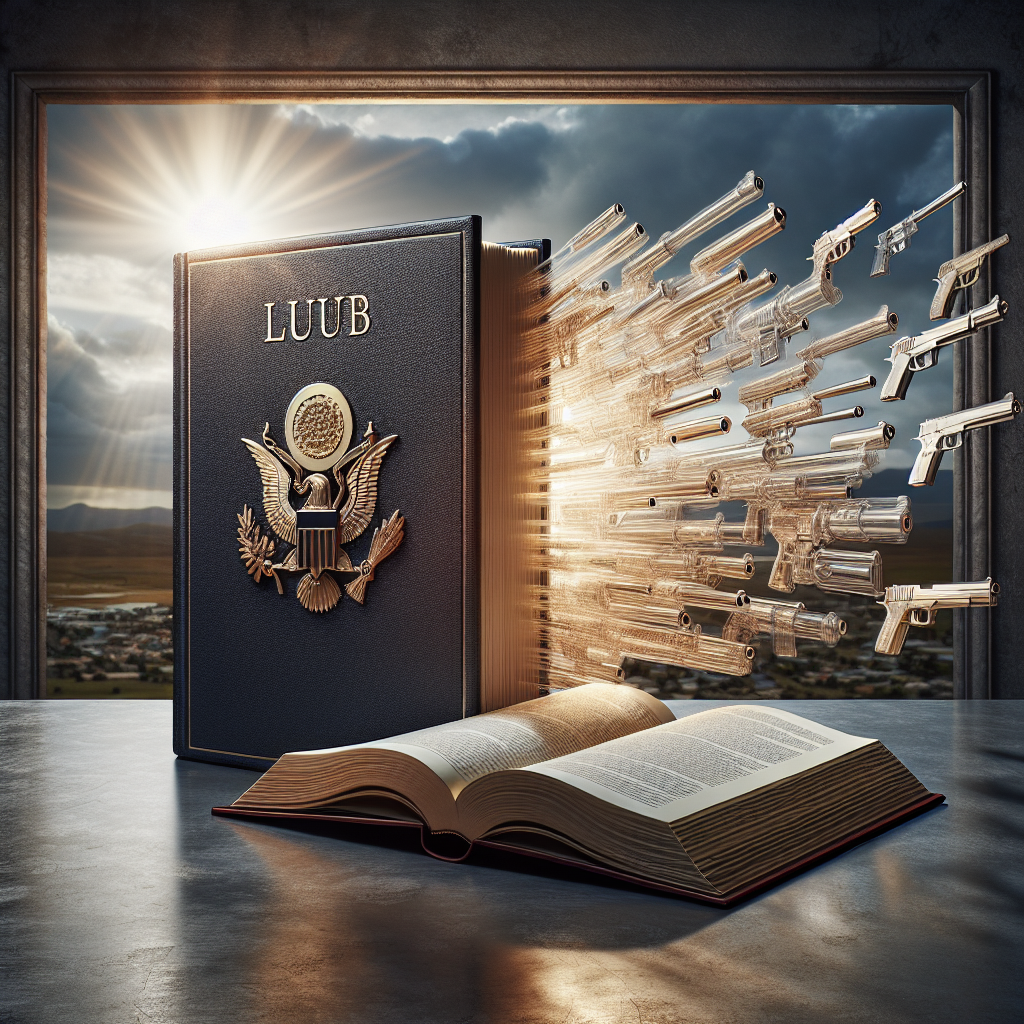 A visual metaphor concerning gun control legislation effectiveness. The foreground features an open law book with a detailed, but non-specific, federal crest in gold resting on the pages. The book is standing on a steely gray table, symbolizing law and order. On the right, a translucent safety barrier is rising from the table, representing gun control laws. This barrier is intercepting a torrent of abstract gun shapes, representative of gun violence, originating from the left side of the image. The background shows a peaceful sky with rays of sun begging to peek out, symbolizing hope for a future with reduced violence.