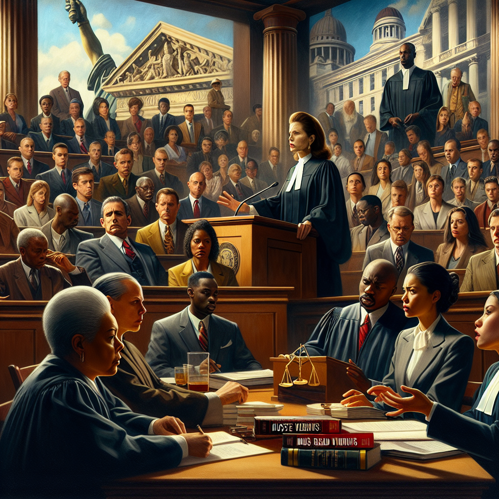 A dramatic portrayal of a crowded court scene during a high-profile criminal trial. The judge, a middle-aged Caucasian woman, sternly addresses the court from her podium, while the lawyers, a middle-aged Black man for the prosecution and a young South Asian woman for defense, engage in a legal discourse. A jury composed equally of men and women from various descents deliberates the evidence presented before them. A copy of 'Must-Read Verdicts' is lying on a table near the foreground. Background images comprise depictions of past iconic American judicial buildings. The atmosphere is tense and filled with anticipation. The style of the image should be realistic.