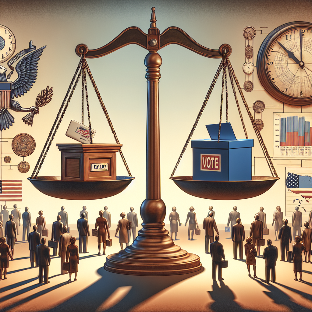 Visualize a symbolic representation of the transformative impact of voting law changes on a typical US election. Feature a scale balancing symbols of democracy, such as a ballot box and a voter registration card. Across the scene, subtly incorporate the symbols of a clock and a map of the United States, portraying the notion of change and nationwide coverage respectively. All human figures included should have an equal distribution across gender and race. One figure might be viewed casting their vote, another might be seen researching the new voter laws, and other figures in the backdrop could be in a group discussion.