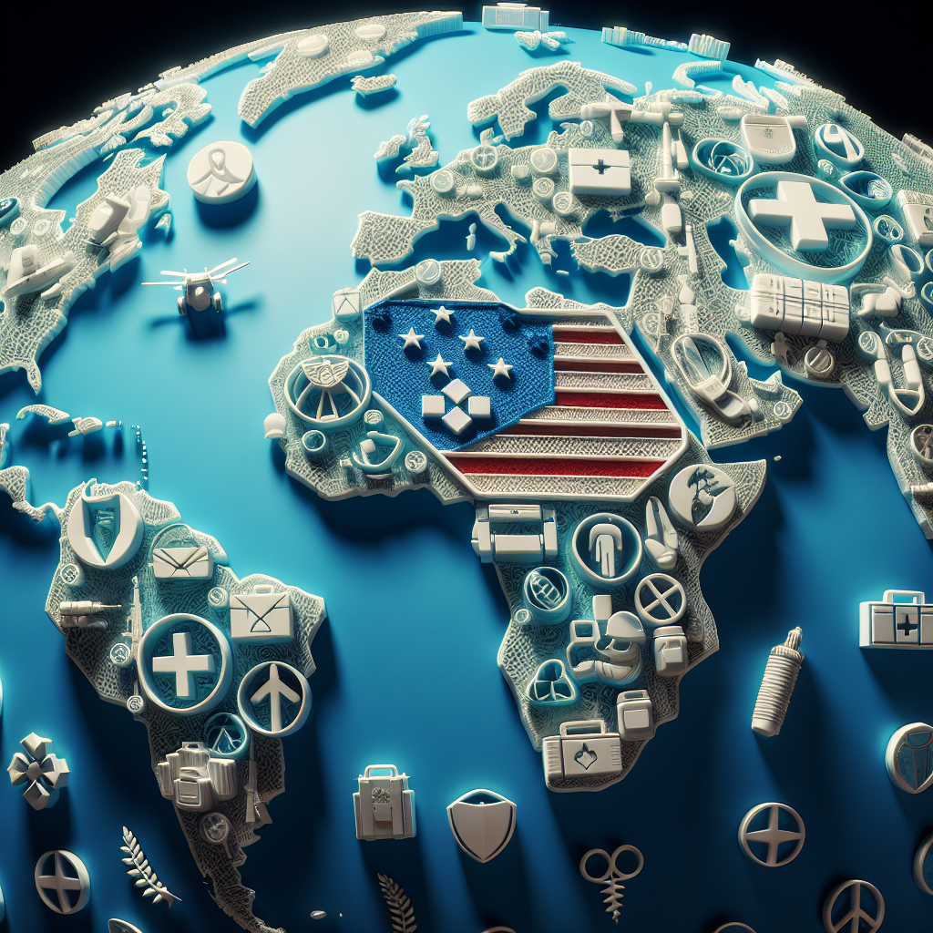 A representation of a global map embossed with symbols of military aid delivery, including medical kits, ration packs, and technical support tools. Focus on the USA, where aid emanates, spreading towards multiple continents across the globe. Include icons depicting various vibrant element of security like peace symbols, protective shields, olive branches. The colours predominant in the image should be blues, greens and whites, illustrating peace and security. Include subtle shadows and lighting effects to give depth and dimensionality to the image.